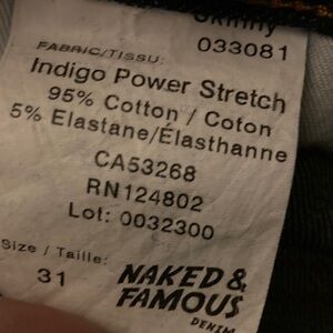 Naked & Famous skinny Indigo Power Stretch Jeans Tag - Size 31